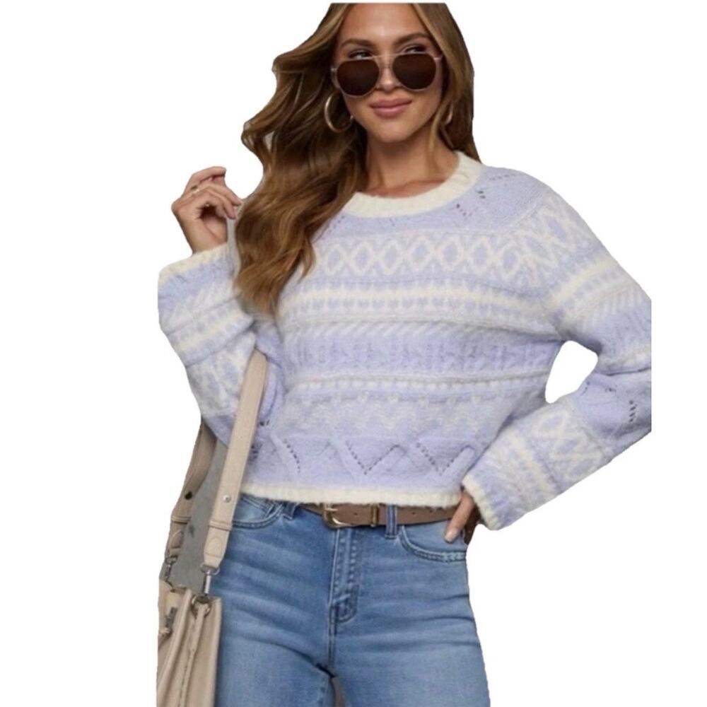 LUSH Lilac/Cream Fair Isle Cropped Relaxed Long Bell Sleeve Sweater Size S